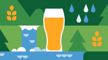 Graphic with glass of beer, waterfall and greenery